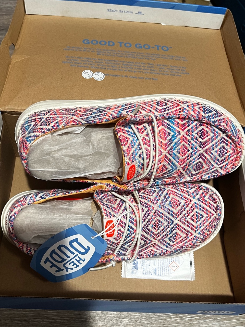 Women’s hey Dude  Pink Blue White Patterned Slip-On Sneakers